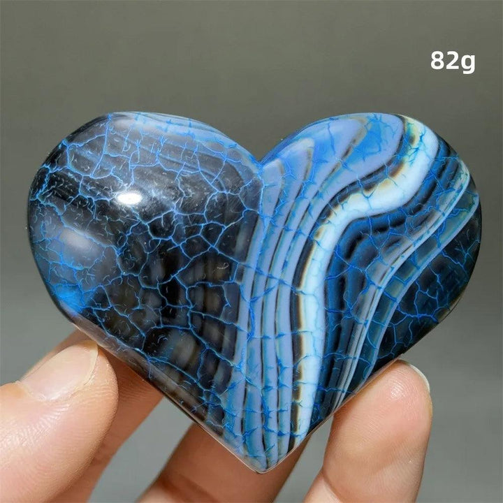 Dragon Veined Pattern Agate Crystal Heart, 82g, with vivid blue, black, and white dragon-scale banding.
