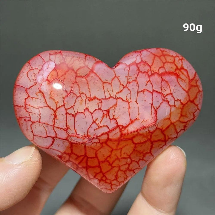 Dragon Veined Pattern Agate Crystal Heart, 90g, with vivid red, orange, and cream dragon-scale patterns for grounding and confidence.