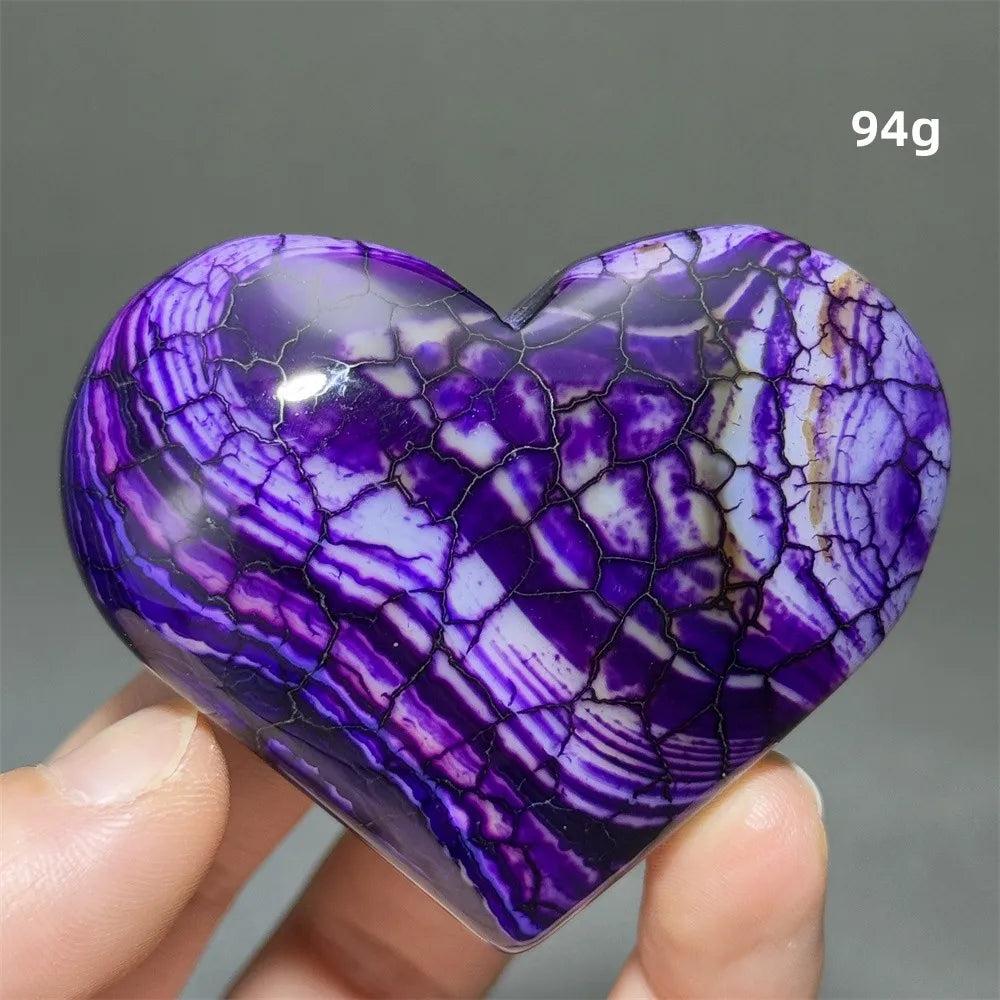 Vivid purple Dragon Veined Agate crystal heart, 94g, with unique crackle patterns for grounding and confidence.