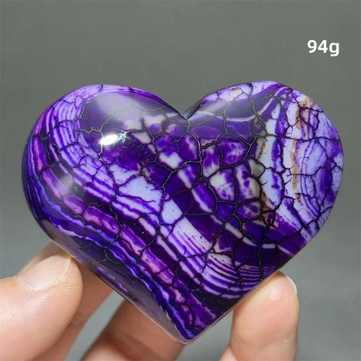 Vivid purple Dragon Veined Agate crystal heart, 94g, with unique crackle patterns for grounding and confidence.