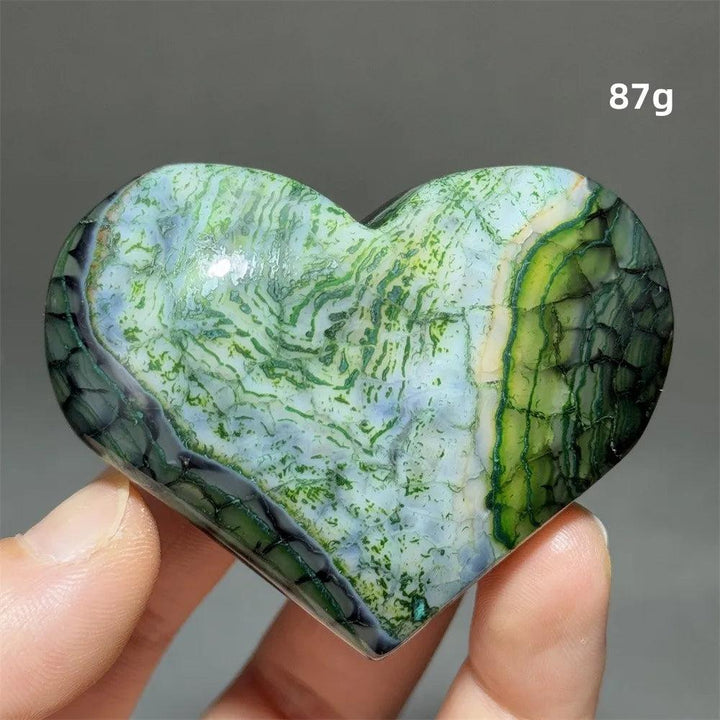 Dragon Veined Pattern Agate Crystal Heart, 87g, with vibrant green, white, and black swirling patterns.