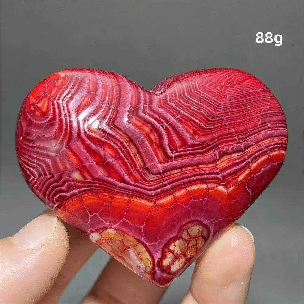Dragon Veined Pattern Agate Crystal Heart, 88g. Vivid red, orange, and cream dragon-scale banding for grounding and courage.