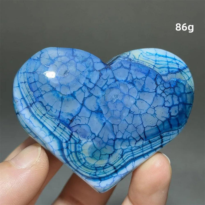 Vivid blue Dragon Veined Agate crystal heart, 86g, with intricate patterns for grounding and confidence.
