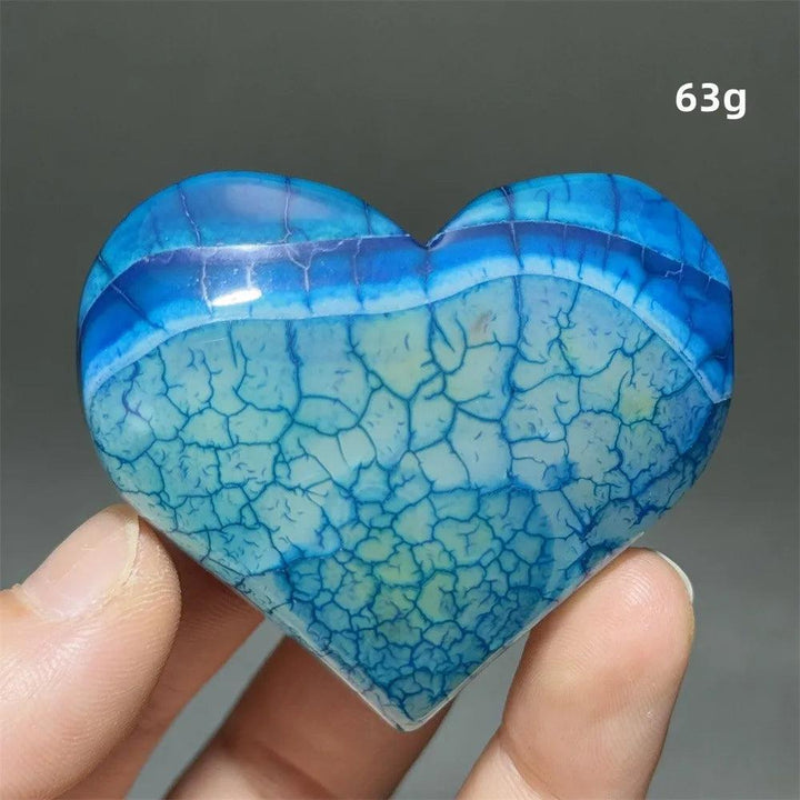 Vivid blue Dragon Veined Pattern Agate crystal heart, 63g, with unique crackled patterns for confidence and courage.