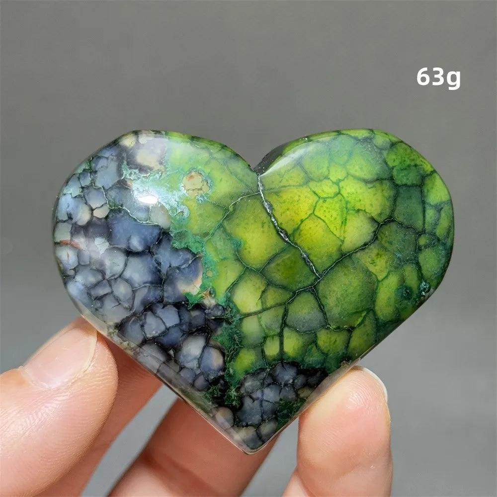 63g Dragon Veined Pattern Agate Crystal Heart, vibrant green and blue, supports grounding, confidence, and protection.