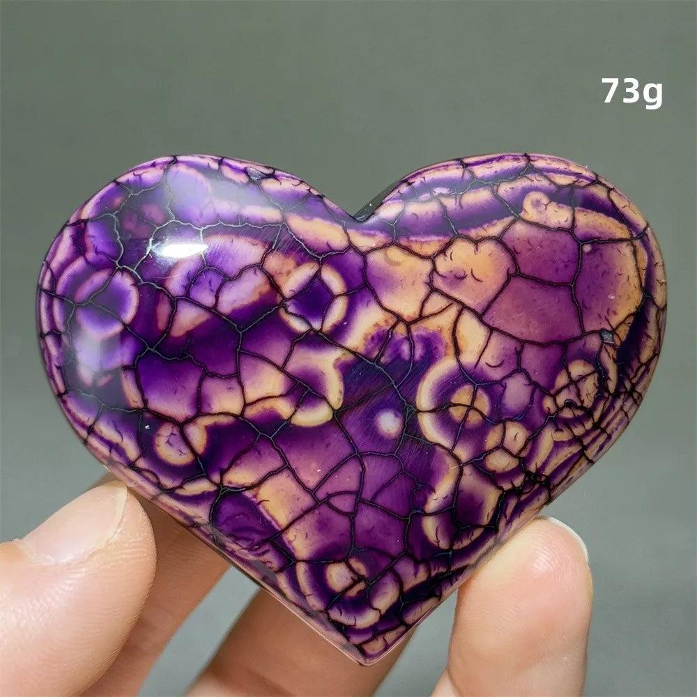 Dragon Veined Pattern Agate Crystal Heart, 73g, with vivid purple and orange dragon-scale banding.