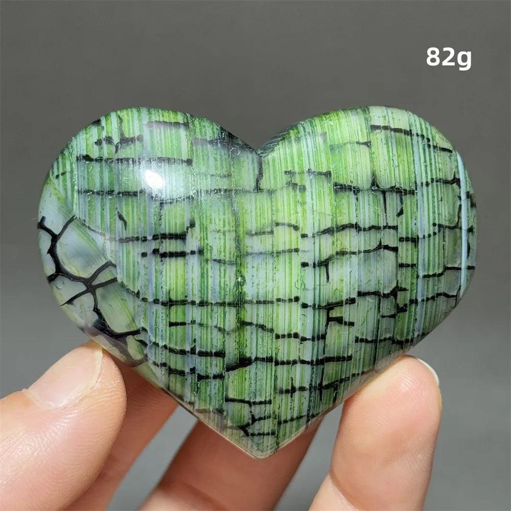 Vivid green Dragon Veined Pattern Agate crystal heart, 82g, with black scale-like patterns for grounding and protection.
