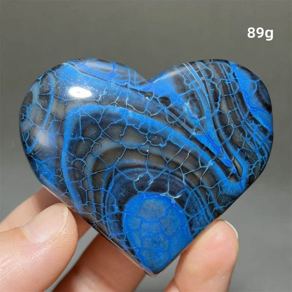Vivid blue and black Dragon Veined Pattern Agate crystal heart, 89g, for grounding and confidence.