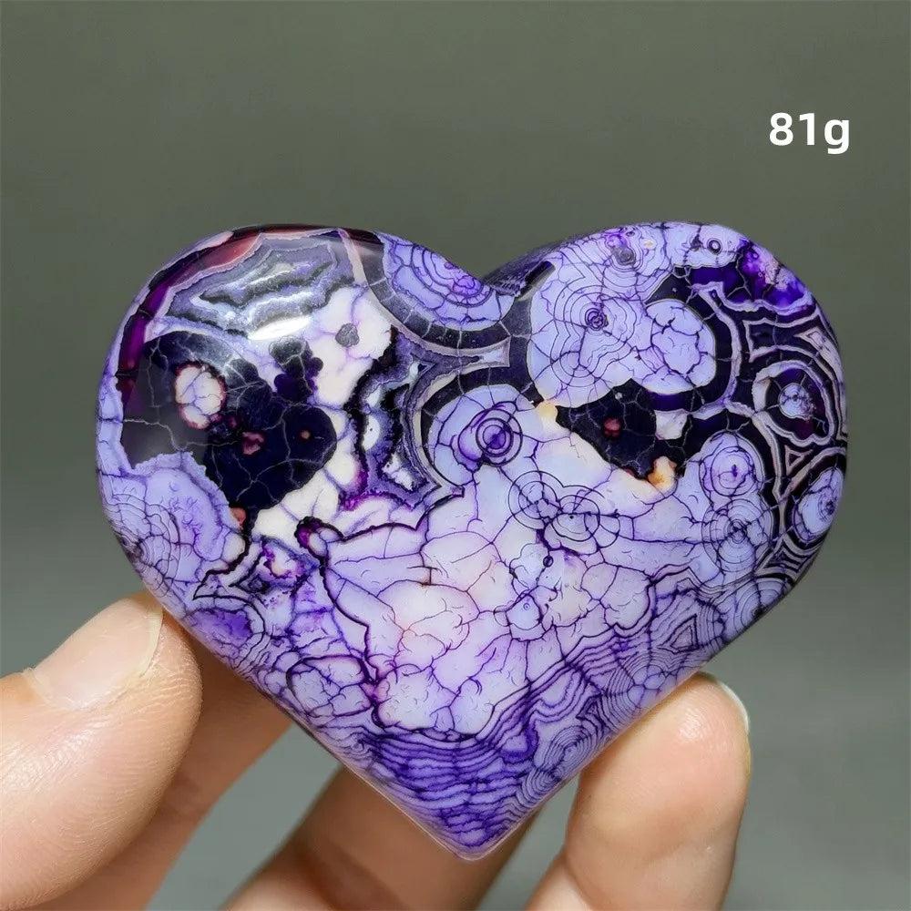 Vivid purple Dragon Veined Pattern Agate crystal heart, 81g, with intricate swirling patterns for grounding and confidence.
