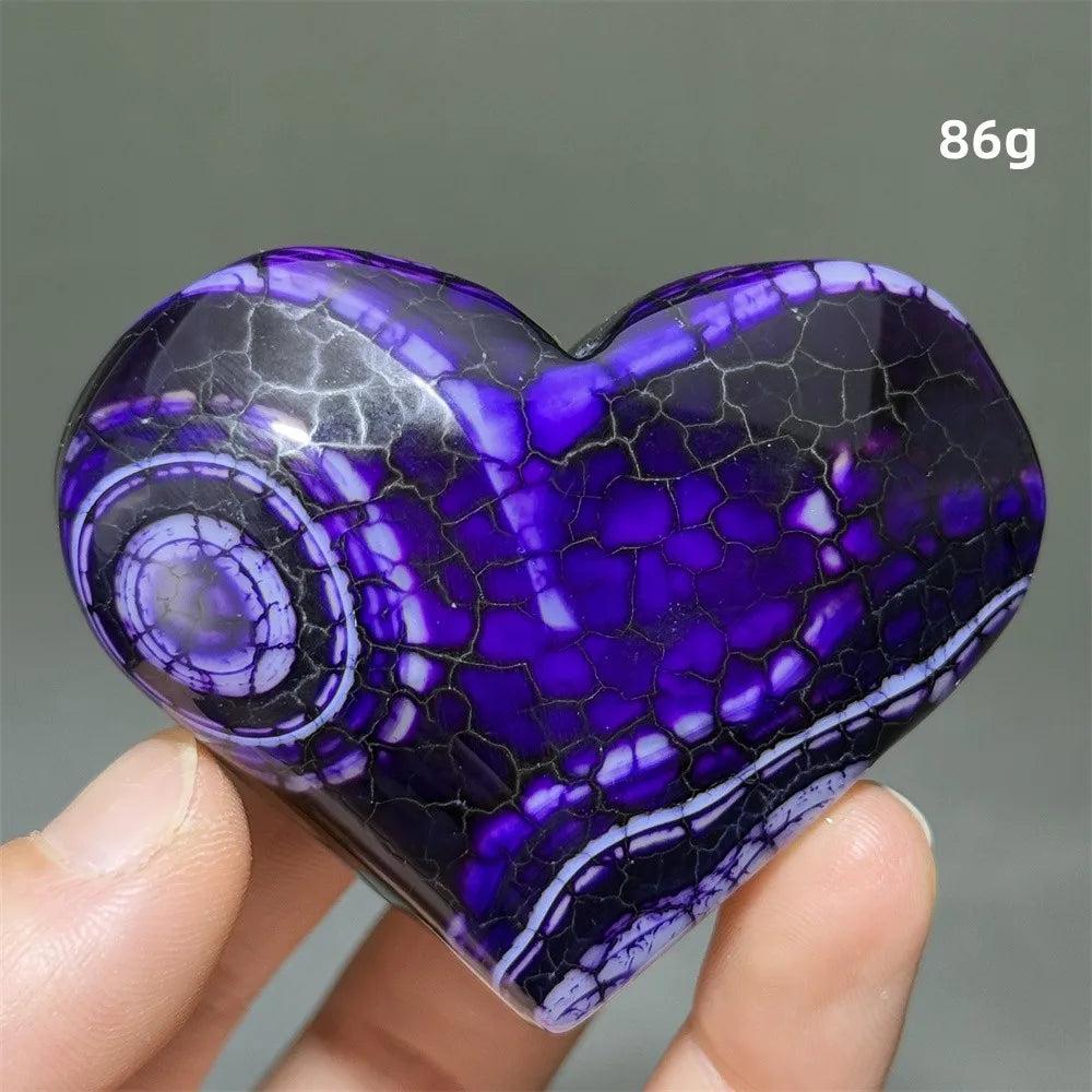 Dragon Veined Pattern Agate Crystal Heart, vibrant purple with intricate dragon-scale banding, 86g.