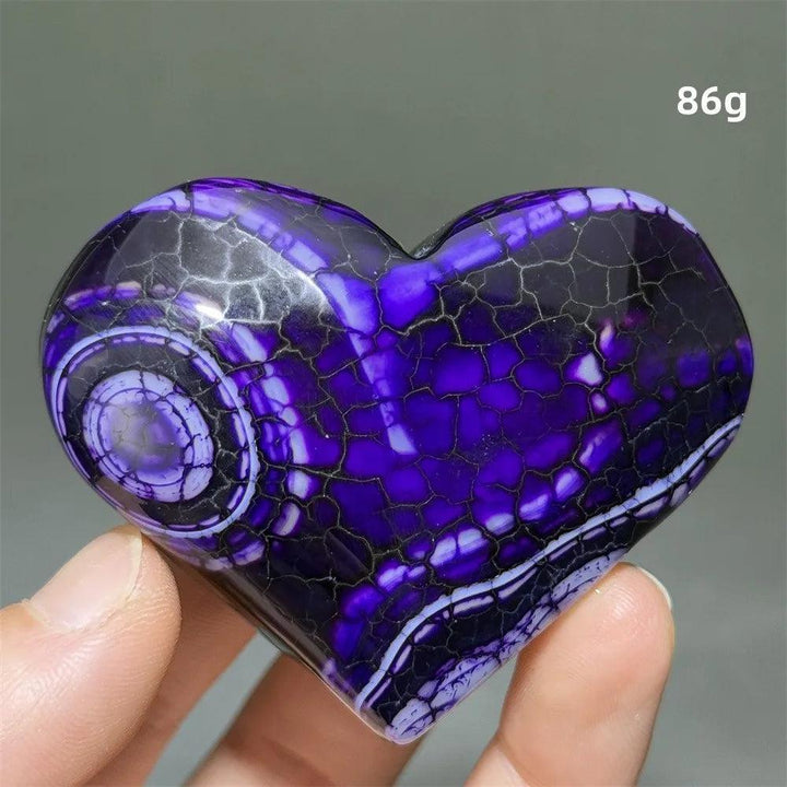 Dragon Veined Pattern Agate Crystal Heart, vibrant purple with intricate dragon-scale banding, 86g.