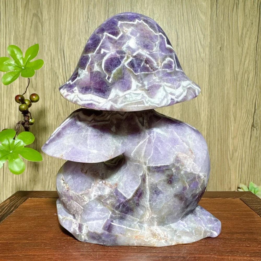 HandCarved Natural Stone Dream Amethyst Mushroom Family Carving with raw cracks, a beautiful healing crystal home decor.