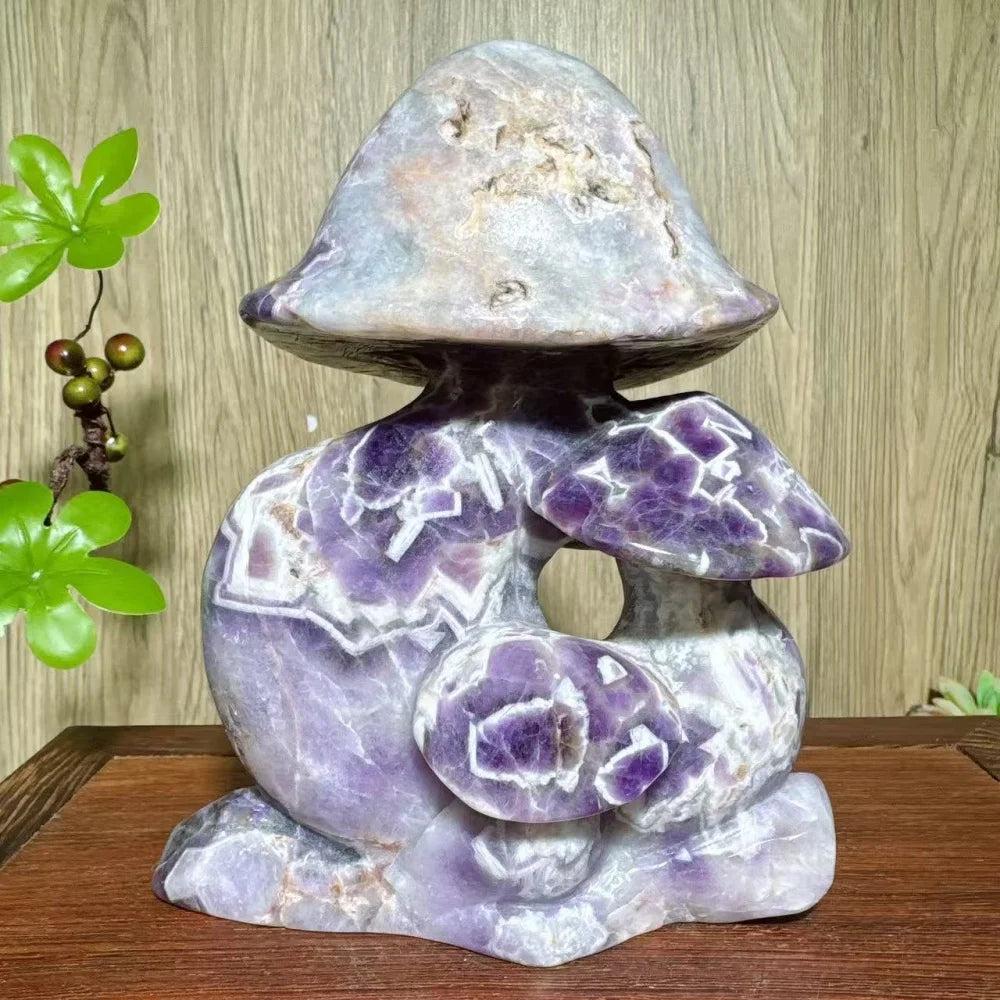 HandCarved Natural Stone Dream Amethyst Mushroom Family Carving with raw cracks, a healing crystal home decor gift.