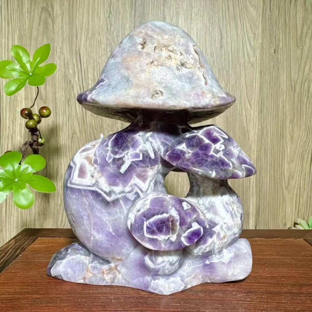HandCarved Natural Stone Dream Amethyst Mushroom Family Carving with raw cracks. Healing crystal Reiki energy home decor.