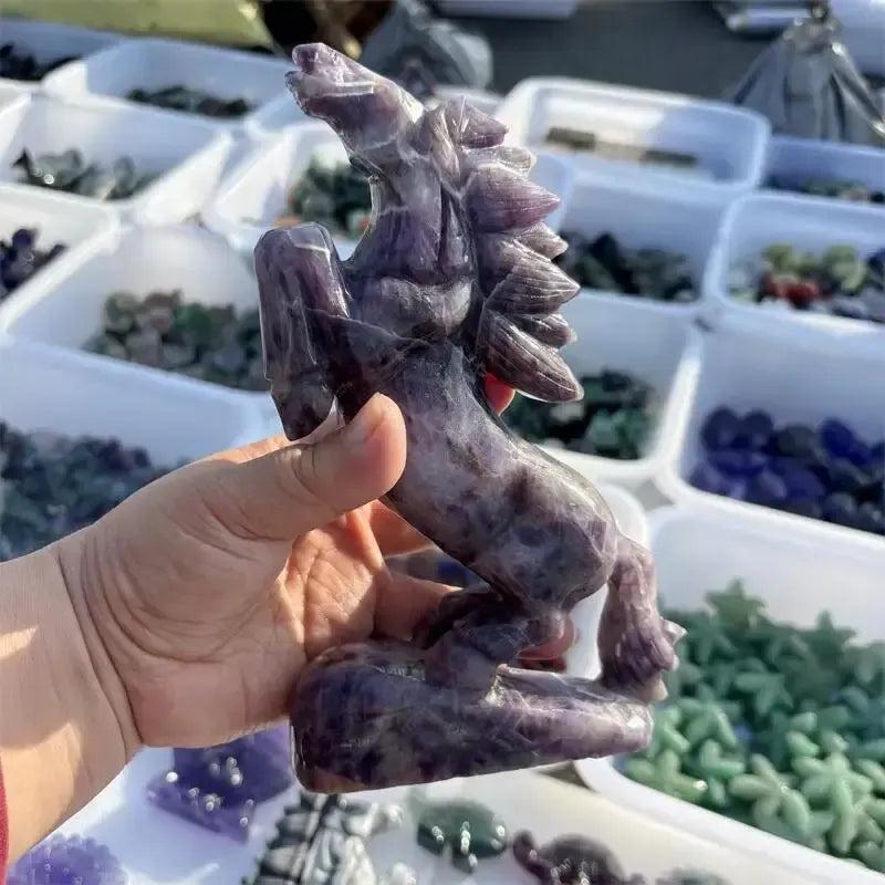 Hand-carved Dream Amethyst horse figurine by Crystal Destiny, featuring purple and white chevron banding.