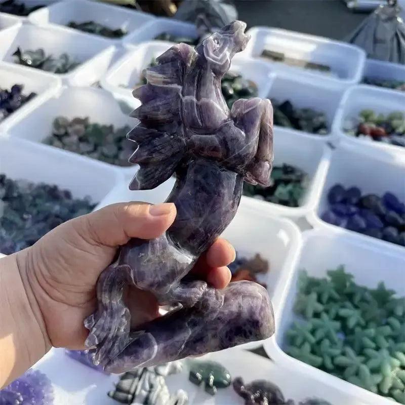 Hand-carved Dream Amethyst horse figurine by Crystal Destiny, featuring purple and white chevron banding.