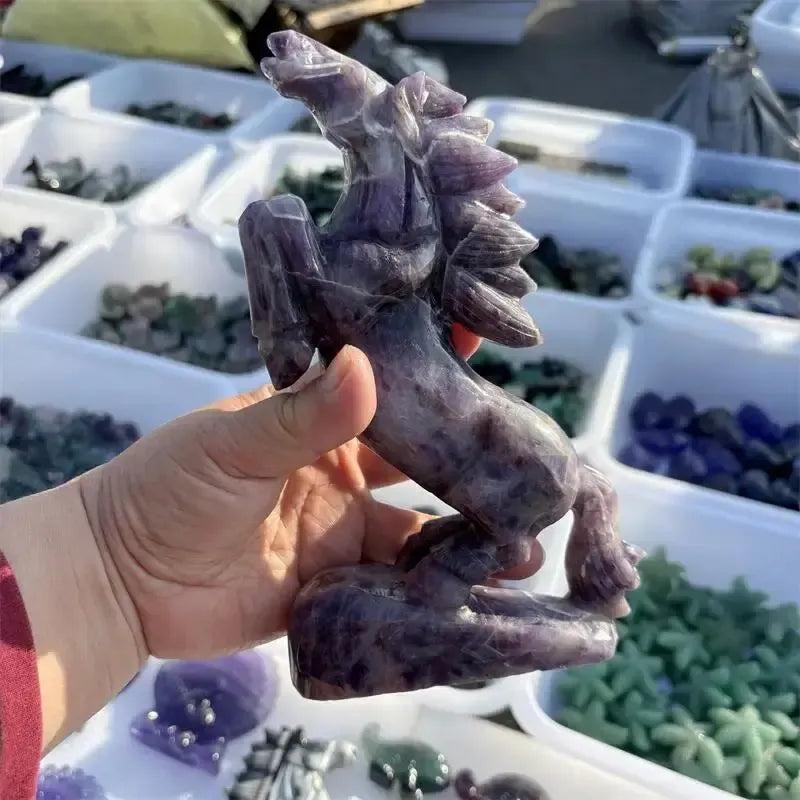 Hand-carved Dream Amethyst horse figurine by Crystal Destiny, featuring purple and white chevron banding.