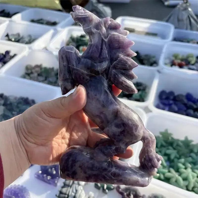 Hand-carved Dream Amethyst horse figurine by Crystal Destiny, featuring purple and white chevron banding.