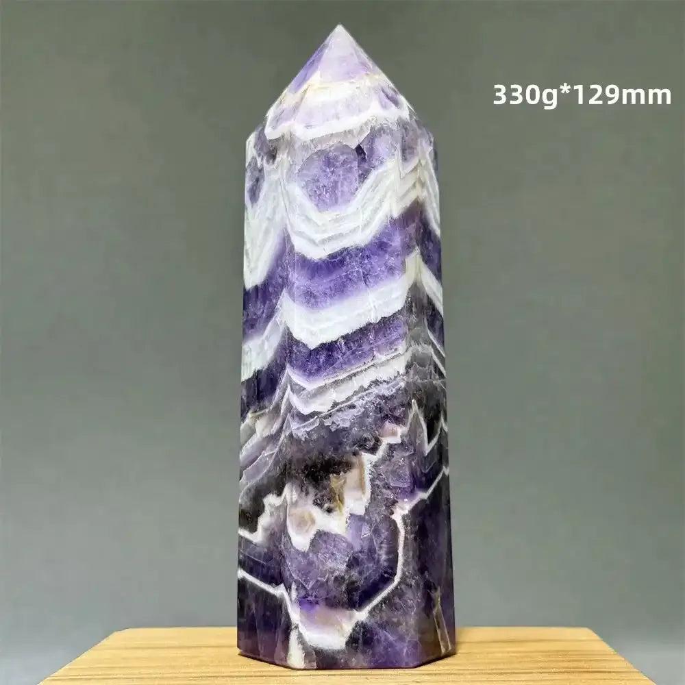 Dream Amethyst polished obelisk tower with lavender and white banded patterns, perfect for crown chakra meditation.