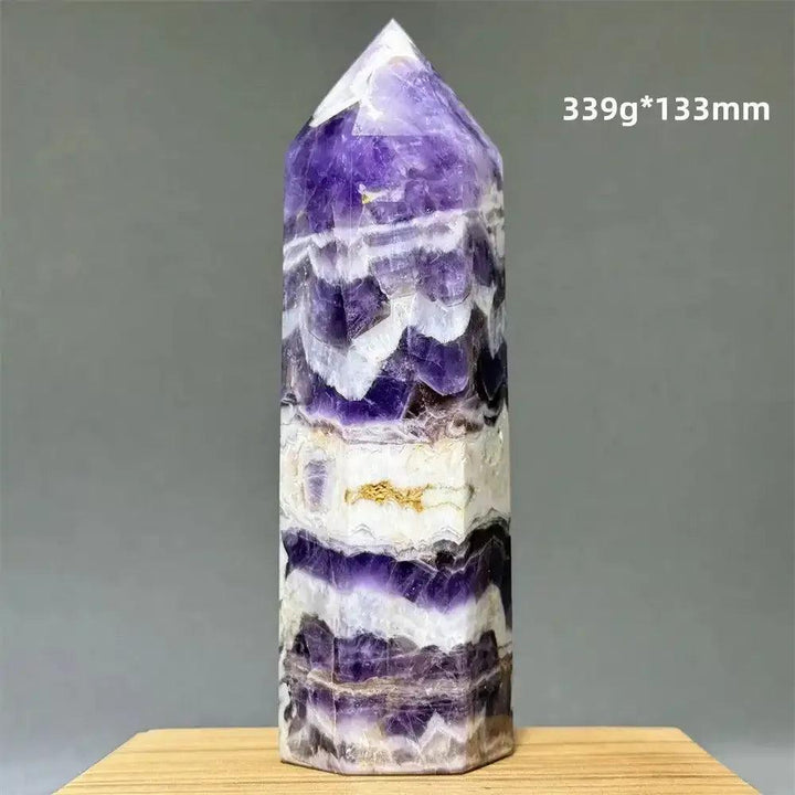Dream Amethyst polished obelisk tower with lavender and white banded patterns, 133mm tall, perfect for chakra healing.