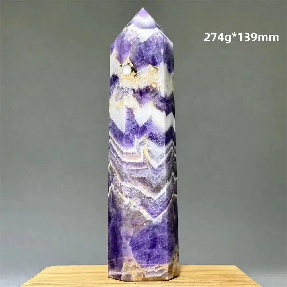 Dream Amethyst polished obelisk tower featuring lavender and white chevron patterns for crown chakra meditation.