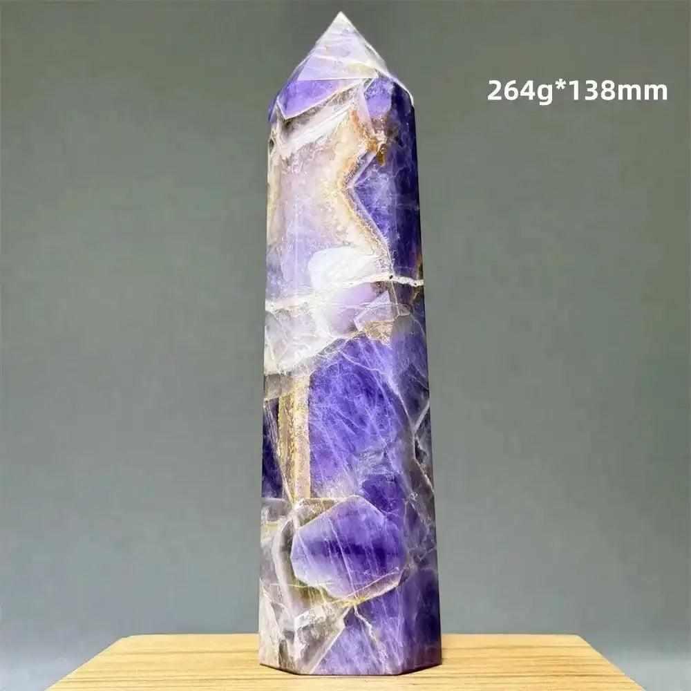 Dream Amethyst polished obelisk tower with lavender and deep purple bands, perfect for crown chakra meditation.