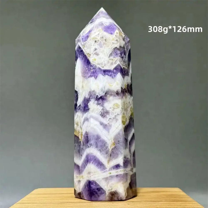 Dream Amethyst polished obelisk tower with lavender, purple, and white chevron patterns for crown chakra meditation.