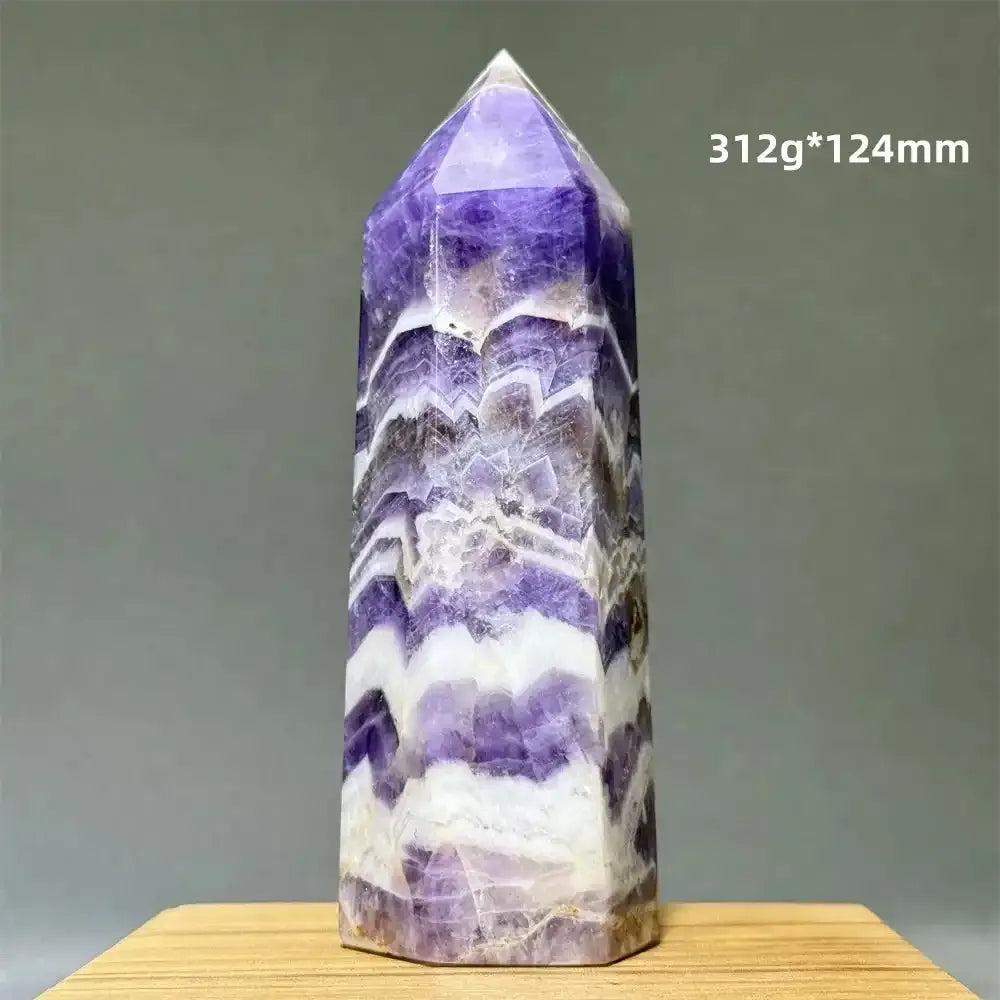 Dream Amethyst polished obelisk tower featuring lavender and white chevron patterns for crown chakra meditation.
