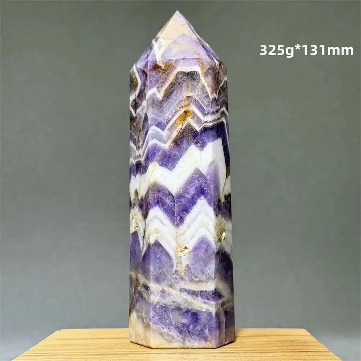 Dream Amethyst obelisk tower featuring lavender, purple, and white chevron patterns for crown chakra meditation.