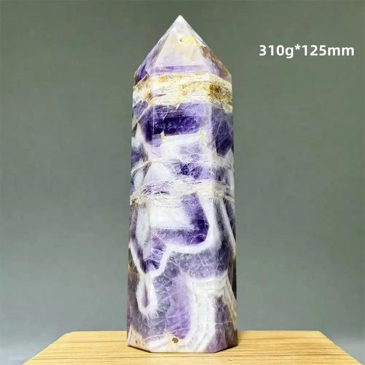Dream Amethyst polished obelisk tower with lavender, purple, and white bands, perfect for crown chakra meditation.