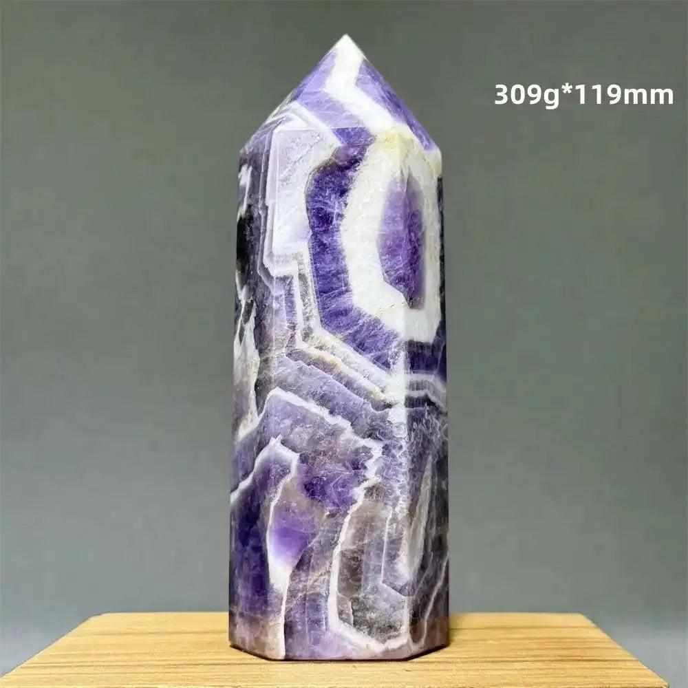 Dream Amethyst polished obelisk tower featuring lavender and white chevron patterns for crown chakra meditation.