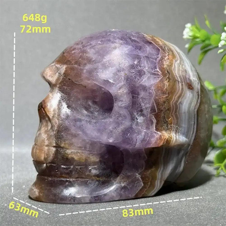 Hand-carved Dream Amethyst skull featuring layered purple and white quartz, perfect for meditation and intuition.