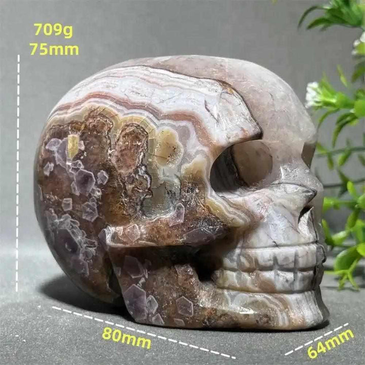 Hand-carved Dream Amethyst skull featuring layered purple amethyst and milky quartz for intuition and calm meditation.