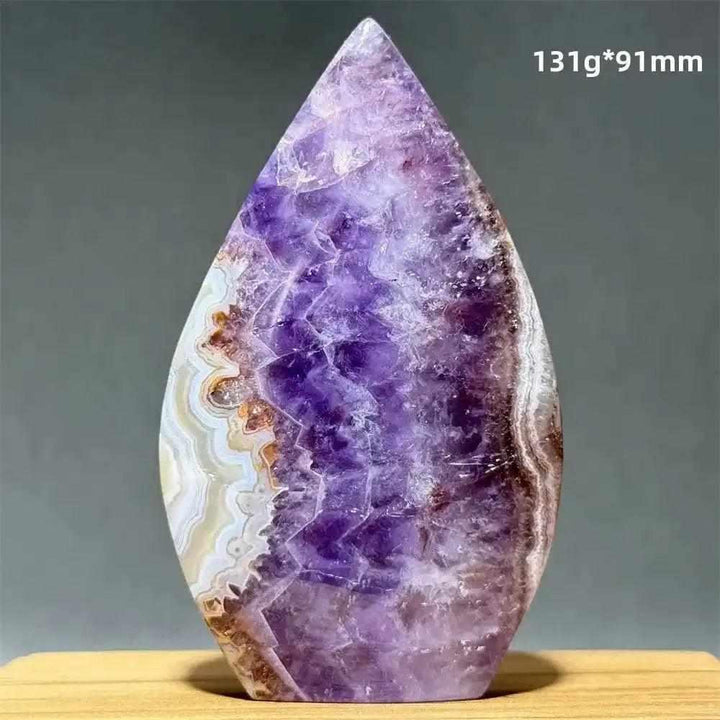 Polished Dream Amethyst torch freeform featuring deep purple crystal swirls and milky white quartz for intuition.