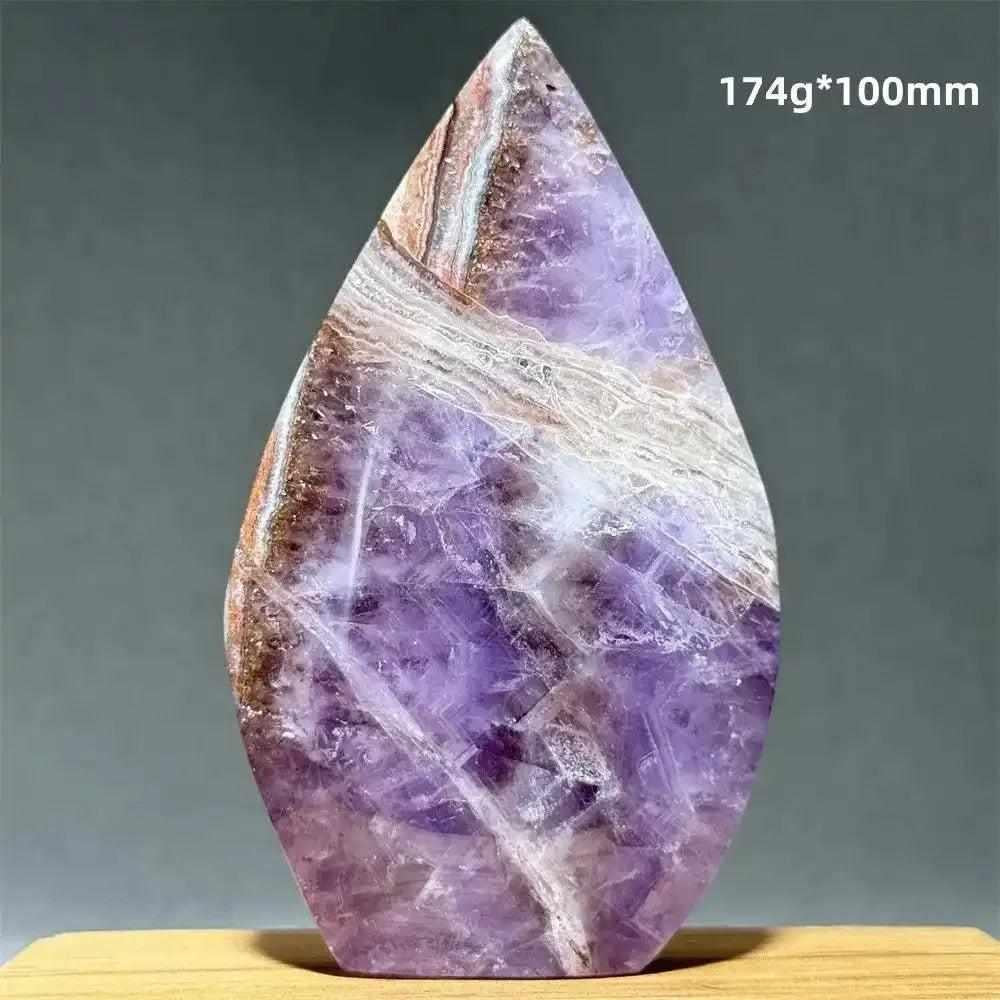 Polished Dream Amethyst torch freeform with deep purple and white quartz swirls for meditation and intuition.