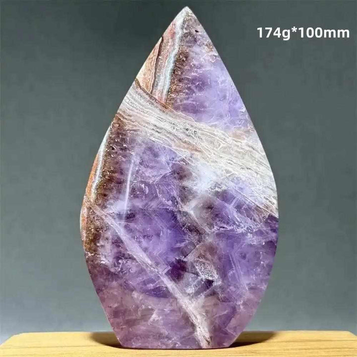 Polished Dream Amethyst torch freeform with deep purple and white quartz swirls for meditation and intuition.