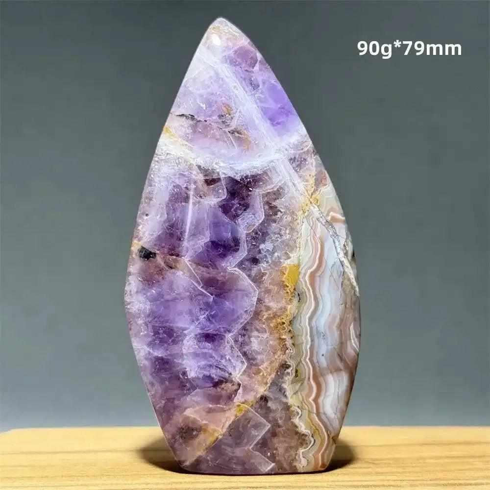 Polished Dream Amethyst torch freeform with deep purple crystals and milky white quartz swirls for intuitive calm.
