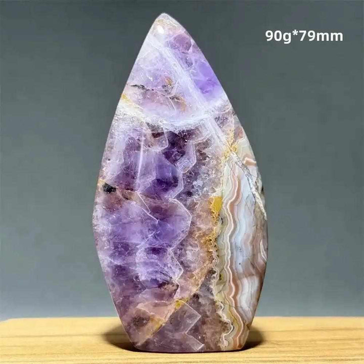 Polished Dream Amethyst torch freeform with deep purple crystals and milky white quartz swirls for intuitive calm.