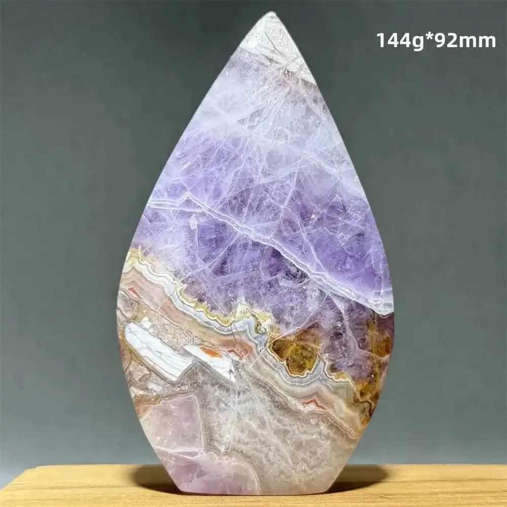 Polished Dream Amethyst torch freeform with deep purple and white quartz banding for meditation and intuition.