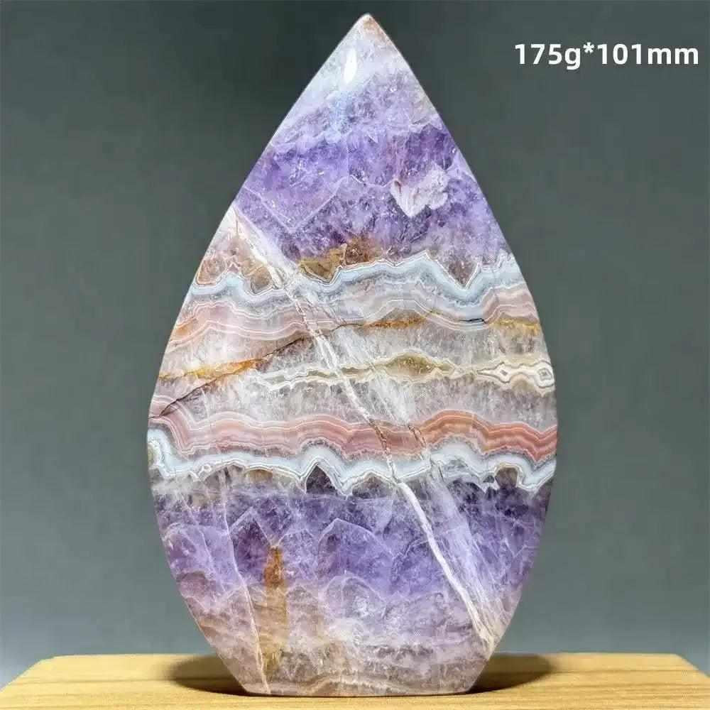 Polished Dream Amethyst torch freeform featuring deep purple and white quartz bands for Third Eye Chakra meditation.