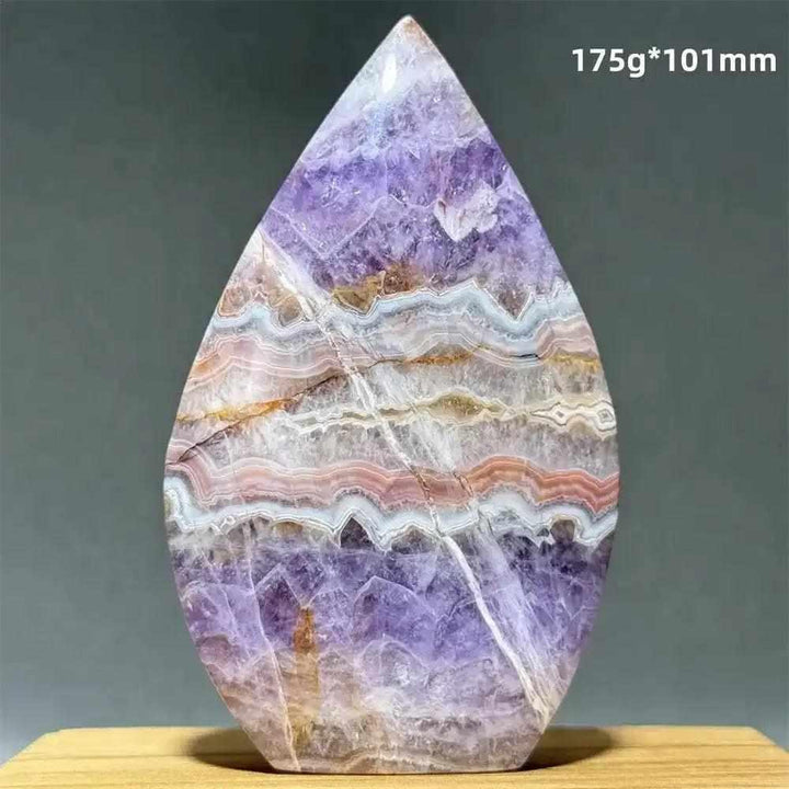 Polished Dream Amethyst torch freeform featuring deep purple and white quartz bands for Third Eye Chakra meditation.