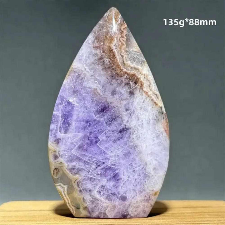 Polished Dream Amethyst torch freeform featuring deep purple and white quartz swirls for intuition and calm.