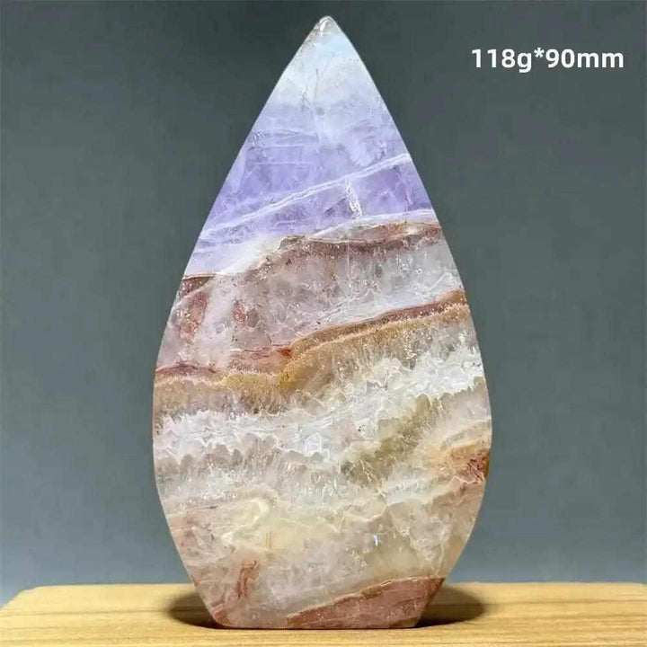 Polished Dream Amethyst torch freeform with deep purple and white quartz swirls for meditation and intuition.
