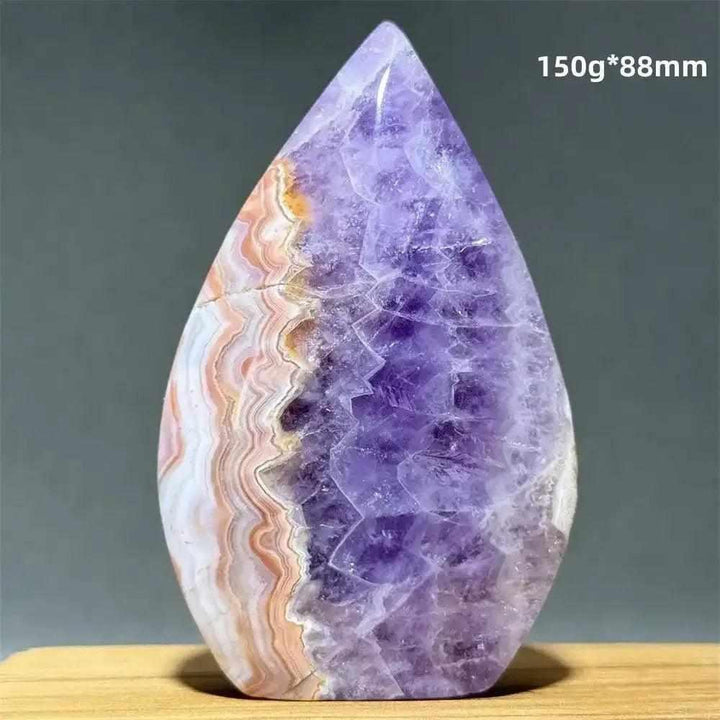 Polished Dream Amethyst torch freeform featuring deep purple crystal swirls and milky white quartz banding for meditation.
