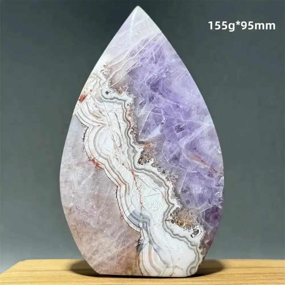 Polished Dream Amethyst torch freeform with deep purple hues and milky white quartz swirls for intuition and calm.