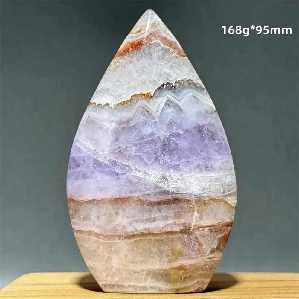Polished Dream Amethyst torch freeform featuring deep purple and milky white quartz bands for meditation and intuition.