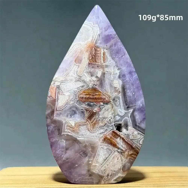 Polished Dream Amethyst torch freeform featuring deep purple swirls and white quartz for Third Eye Chakra meditation.