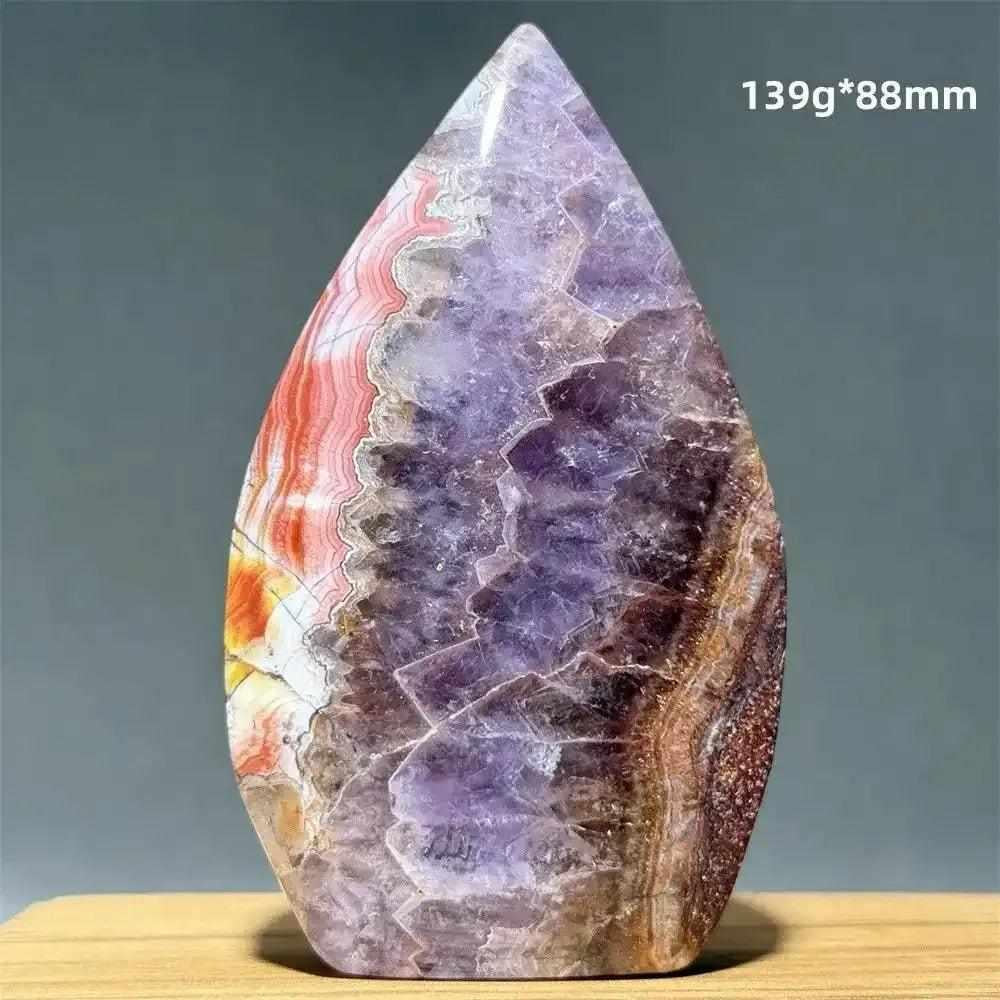 Polished Dream Amethyst torch freeform featuring deep purple amethyst and white quartz swirls for intuitive meditation.
