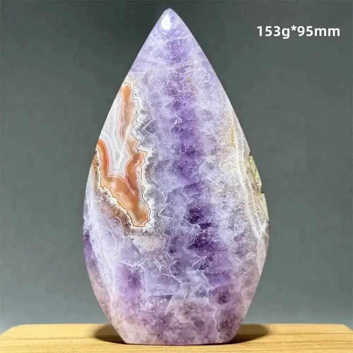 Polished Dream Amethyst torch freeform with deep purple and white quartz swirls, perfect for meditation and intuition.