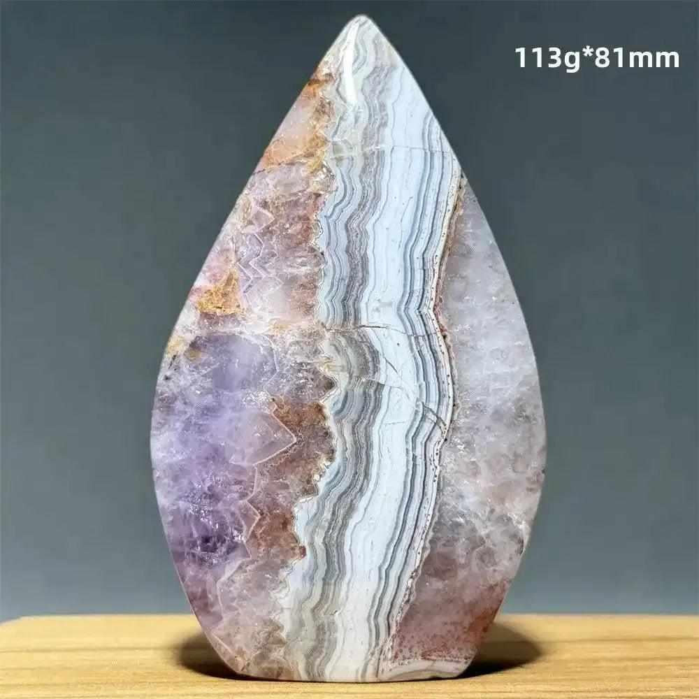 Polished Dream Amethyst torch freeform with swirling purple amethyst and white quartz bands for meditation and calm.
